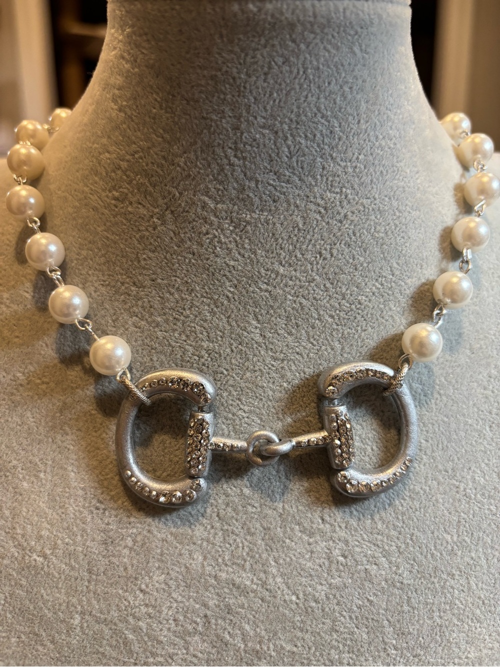 Pearl and Silver-Tone Linked Necklace with crystal horse bit pendant